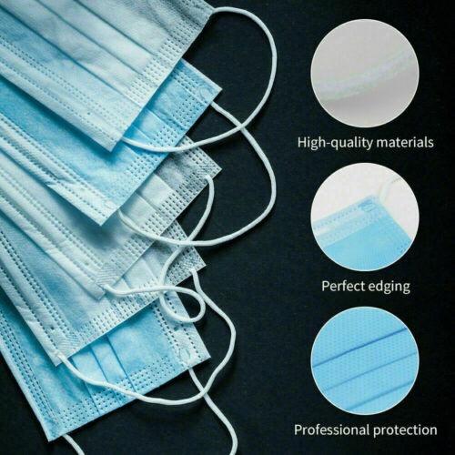 Close-up shot of white and blue surgical face mask
