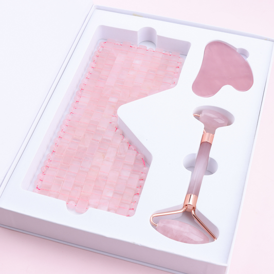 Rose Quartz Eye Mask Gua Sha and Roller Kit