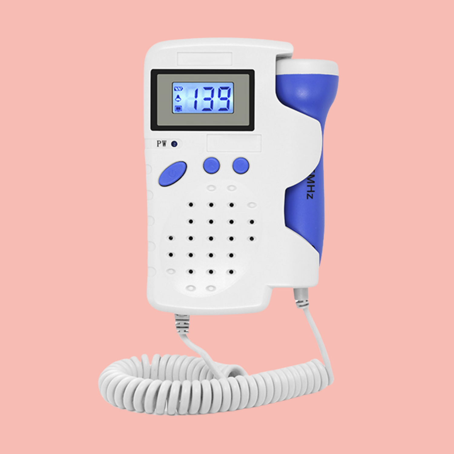 Product shot of the Babyheart Advanced Fetal doppler on a pink background