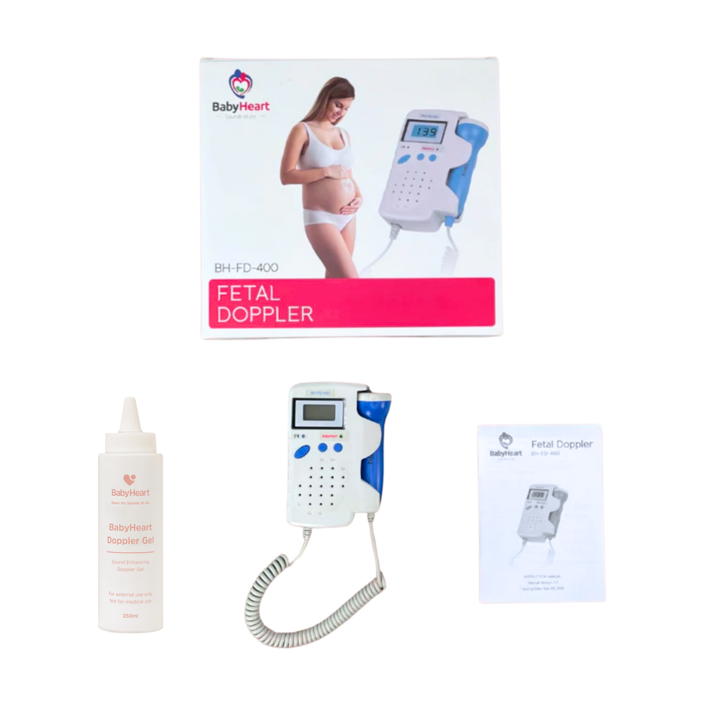 What's included - BabyHeart Advanced Doppler, Packaging, User Manual and 250ml Bonus Gel