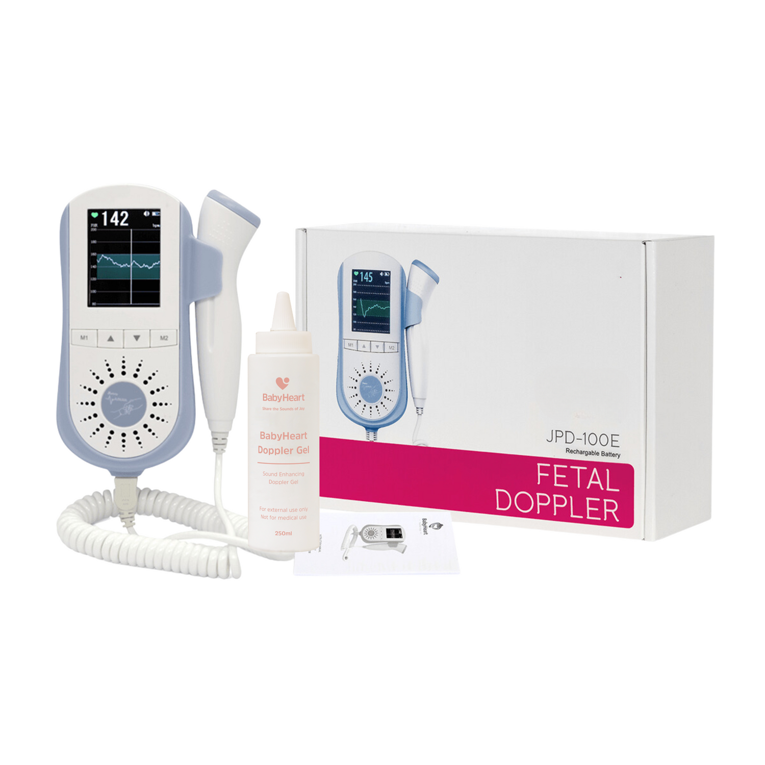 What's included - BabyHeart Premium Doppler, Packaging, User Manual and 250ml Bonus Gel