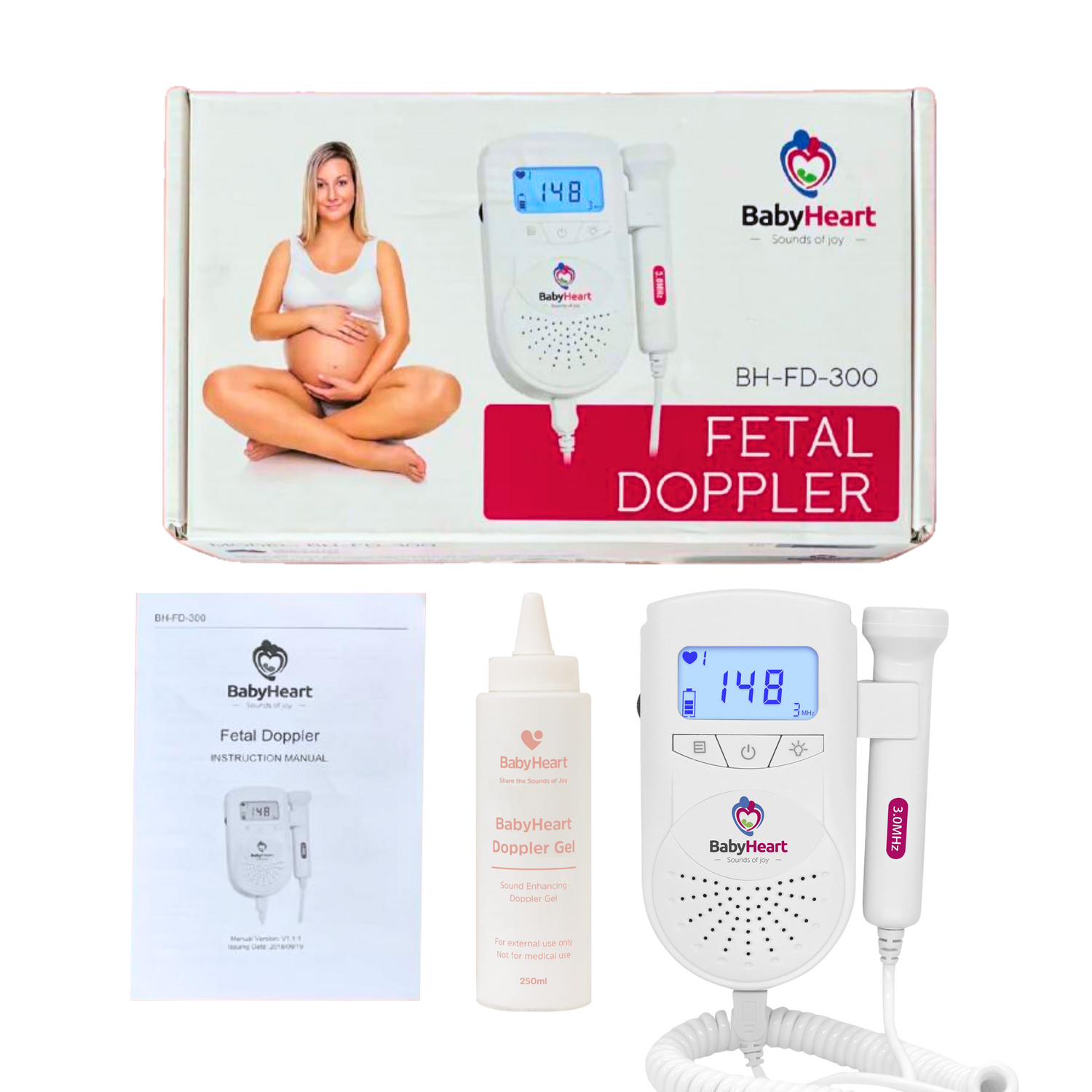 What's included - BabyHeart Standard Doppler, Packaging, User Manual and 250ml Bonus Gel