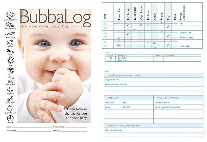 BubbaLog Baby Journal positioned next to a close up of an example page from the journal