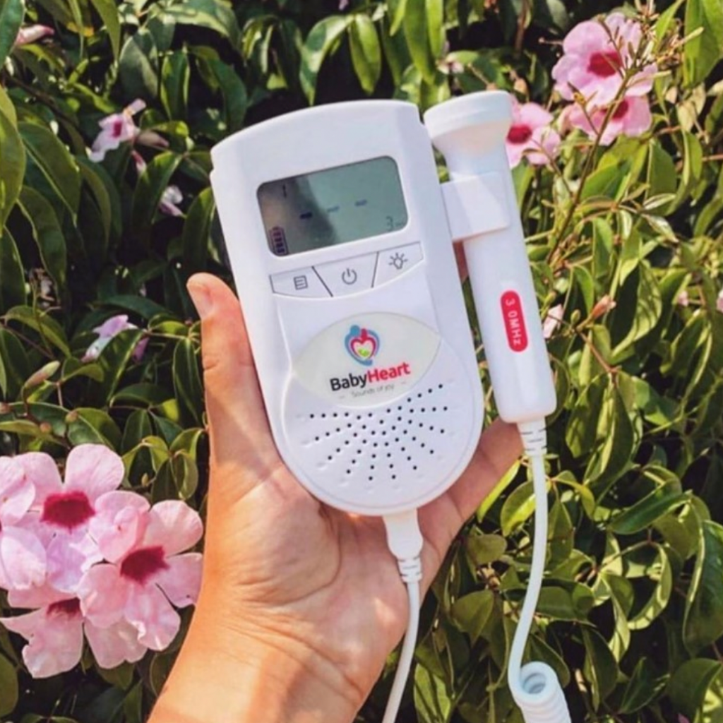 Hand holding BabyHeart Fetal Doppler on a background of flowers