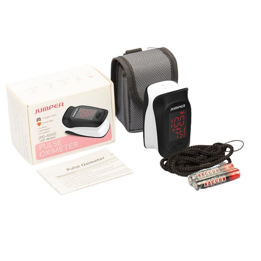 Jumper Fingertip Pulse Oximeter with box, manual, carry case and batteries