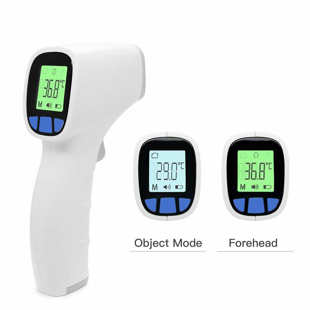 Side by side view of Premium Digital Professional Infrared Thermometer display screens in 'object mode' and 'forehead mode'